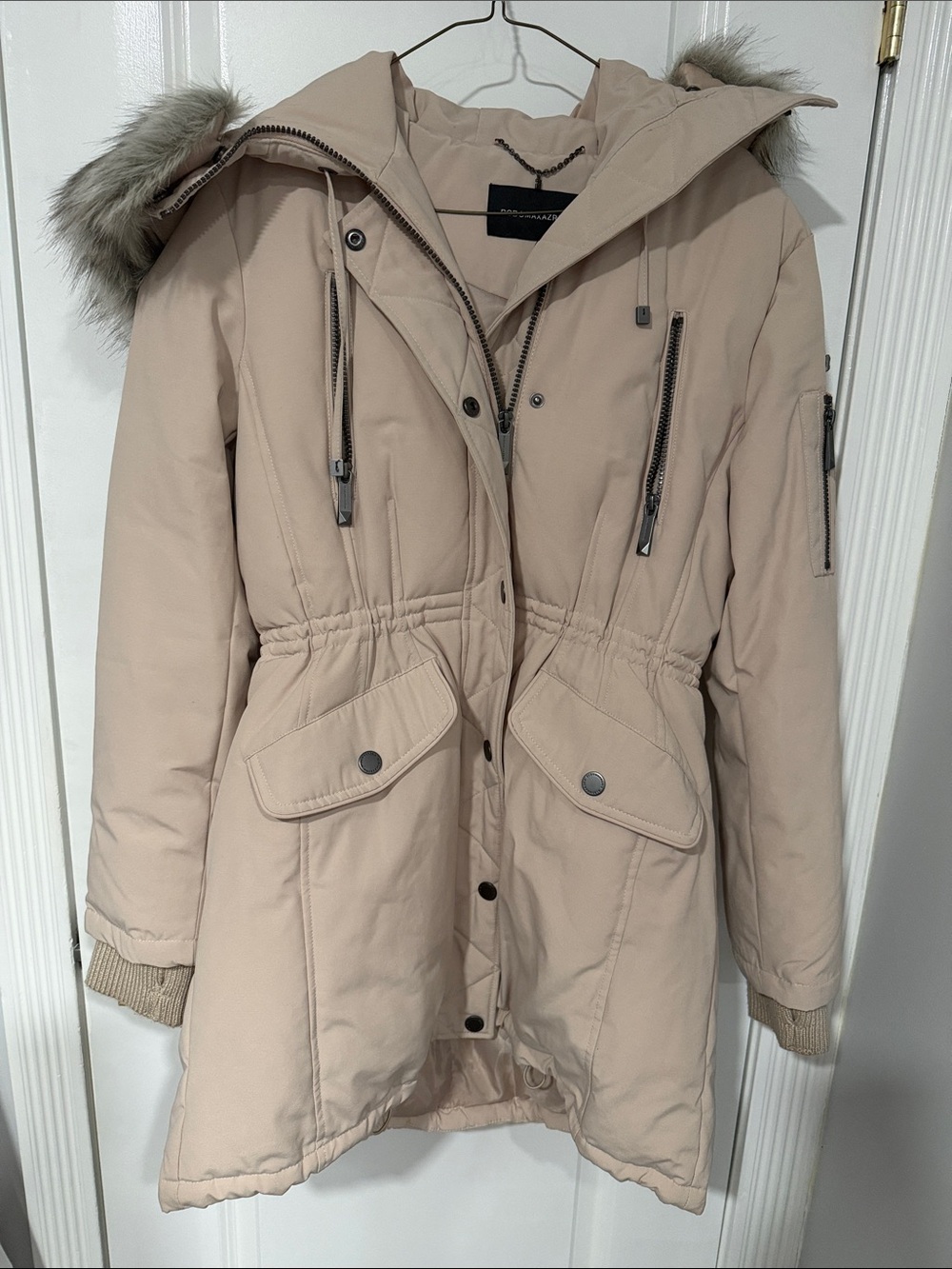 BCBG Women’s Cream Parka Coat with Faux Fur Hood